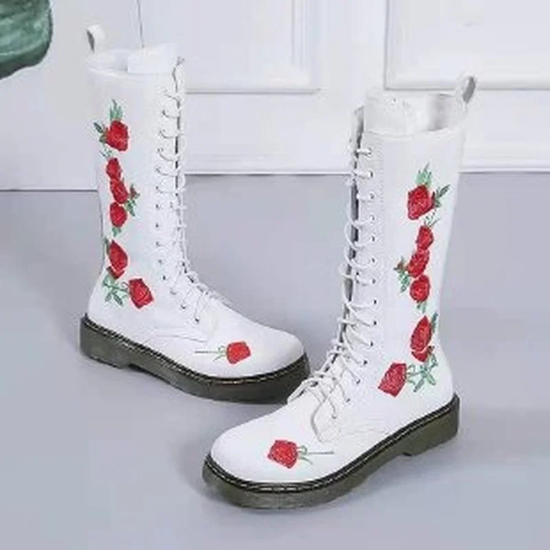 Autumn Women's Boots Embroidered Rose Lace Up Boots Round Toe Zipper Boots Outdoor Non-slip Casual Shoes Mid-tube Boots