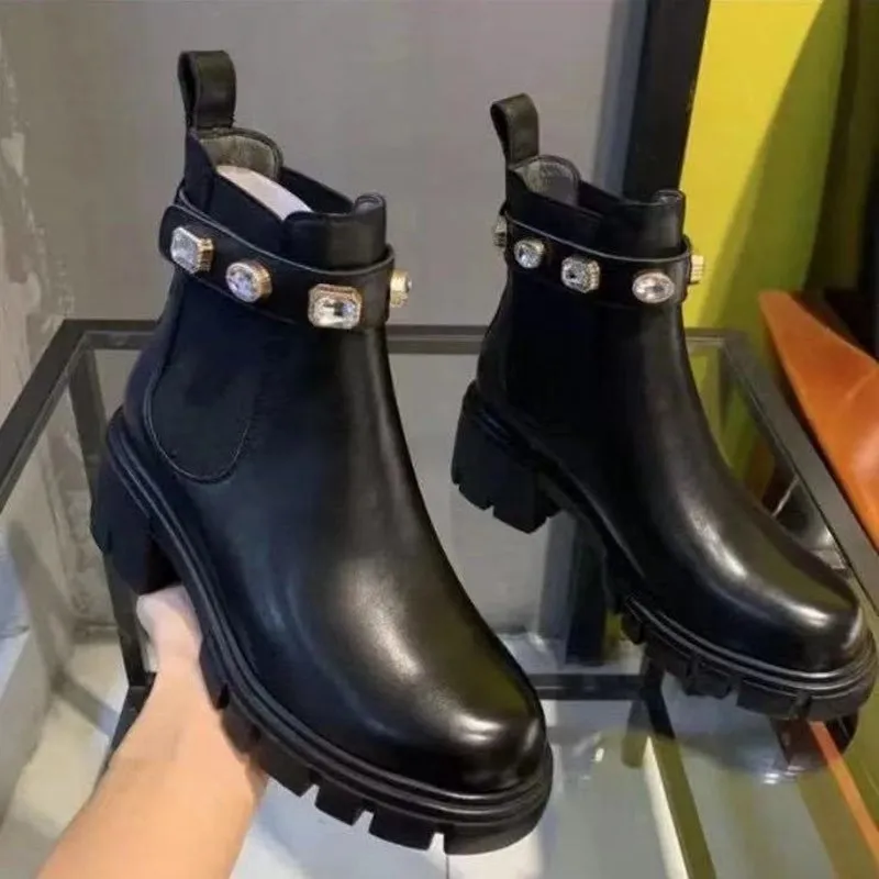 Women Non-Slip Short Boots Camouflage Tie-Dye Rhinestone Ankle Thick Heel High Round Toe Fashion Shoes | Обувь