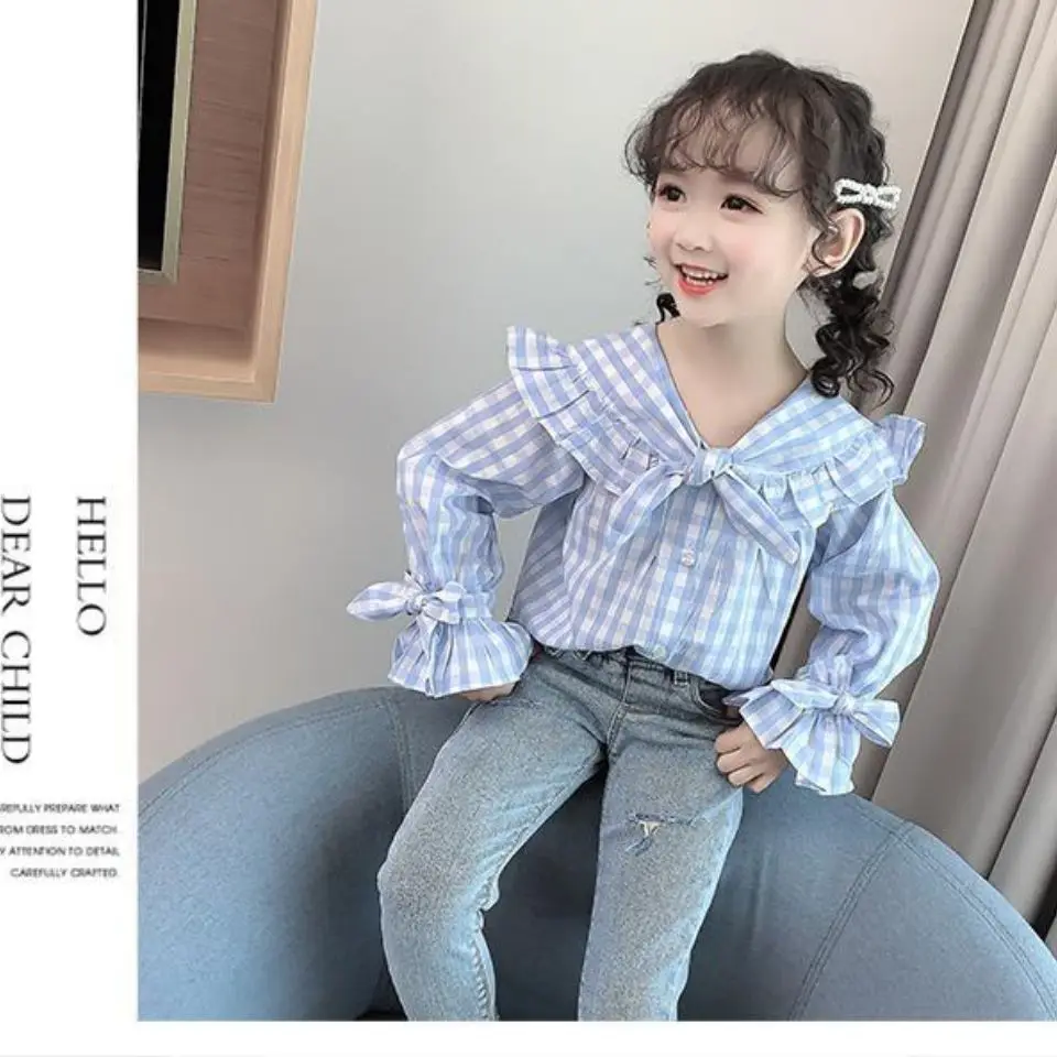 

2021 Spring Autumn Girls Clothes Set Plaid Blouse + Jeans Clothing for Girls Casual Kids Girls Outfits Childrens Costume D595