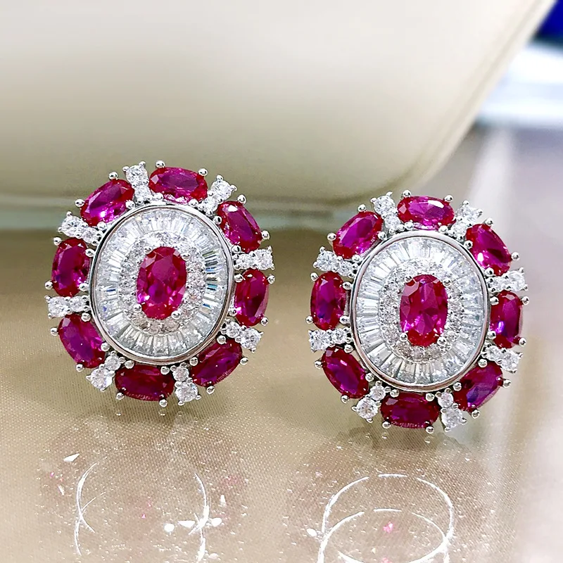 

Solid 925 Sterling Silver 4*6mm Oval Ruby Created Moissanite Stud Earrings For Women Sparkling Wedding Party Fine Jewelry