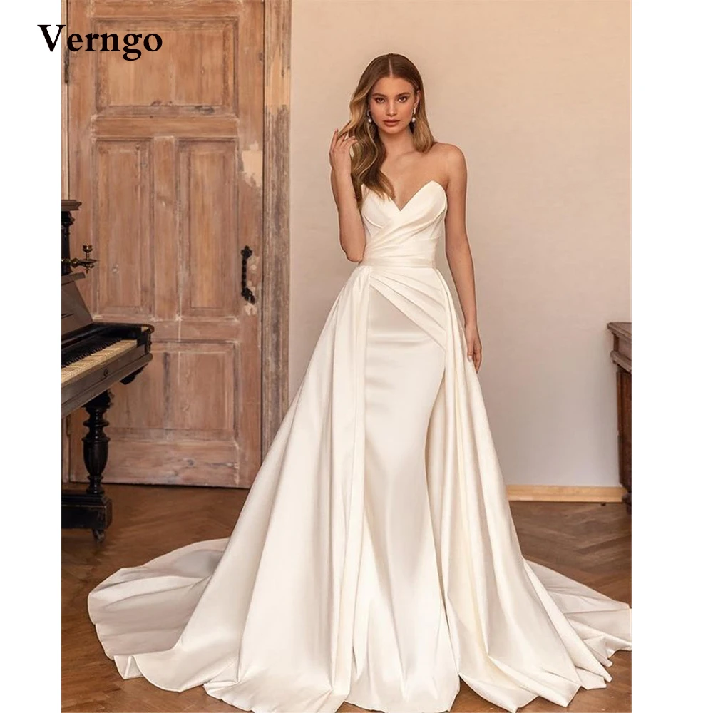 

Verngo Simple Satin Mermaid Wedding Dresses With Detachable Train Sweetheart Pleats Elegant Bridal Gowns 2022 Vestido de noiva