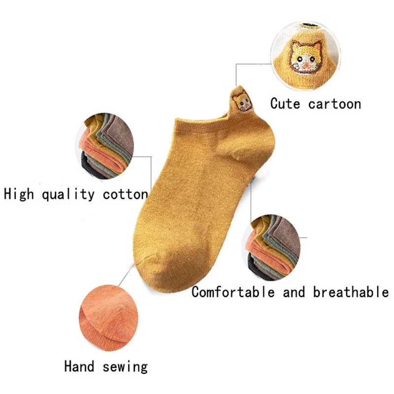 10 Pairs Cartoon Cat Embroidery Short Socks Women Funny Harajuku Happy Ankle Socks Woman Cotton Shallow Mouth Spring Summer Sock