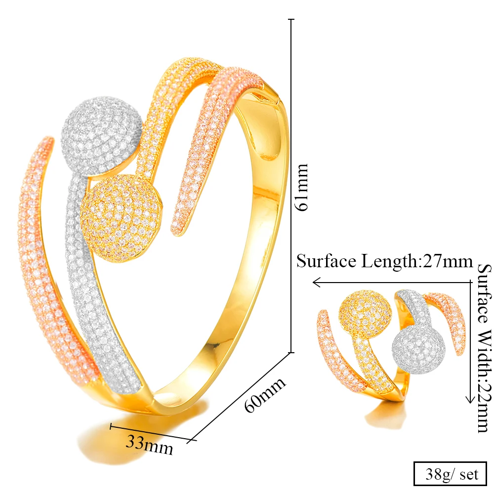 

SisCathy 2PCS Jewelry Sets For Women Luxury Branch CZ Geometric Bridal African Wedding Wide Bracelets/Ring 2019 Hot Jewelry Sets