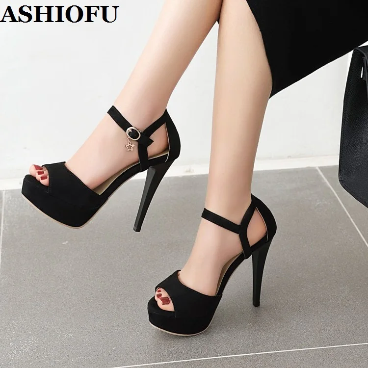 

ASHIOFU Hot Sale Handmade Ladies High Heels Sandals Faux Black Suede Party Summer Shoes Sexy Platform Evening Fashion Sandals