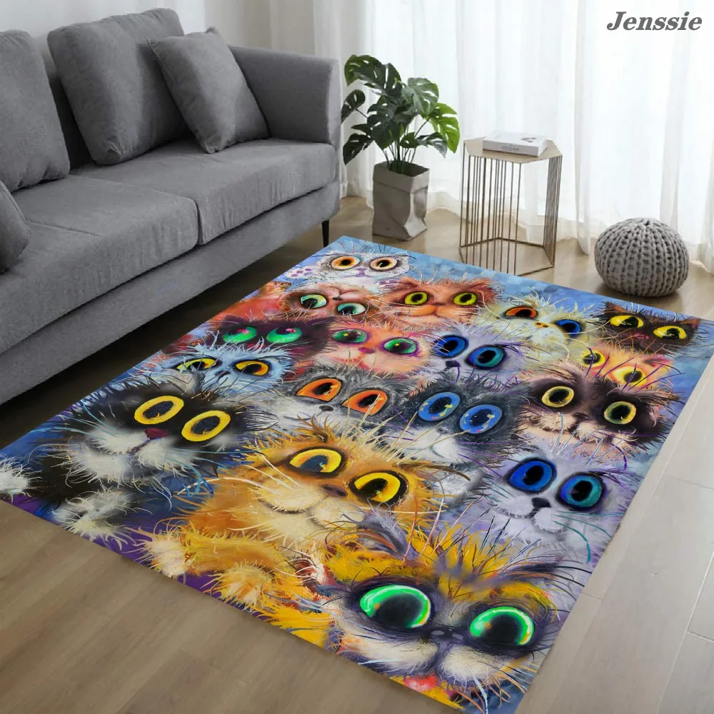 

Full Screen Fried Hair Cat Printed Living Room Big Carpet Children's Room Decoration Big Eye Cat Printing Floor Mats Kitchen Rug