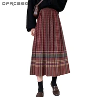 vintage plaid warm woollen pleated skirt for women 2020 high waist autumn winter retro wool long skirts casual saias female