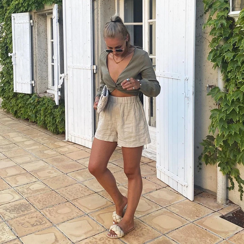 

Женская Осенняя короткая рубашка Uniera 2021 Za в европейском и американском стиле из эластичного льна с открытым пупком и V-образным вырезом