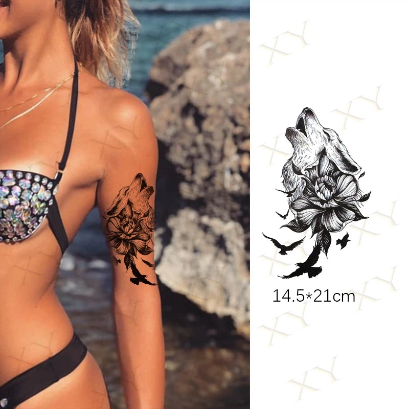 Водостойкая Временная тату-наклейка волк цветок летучая птица флэш-тату лес