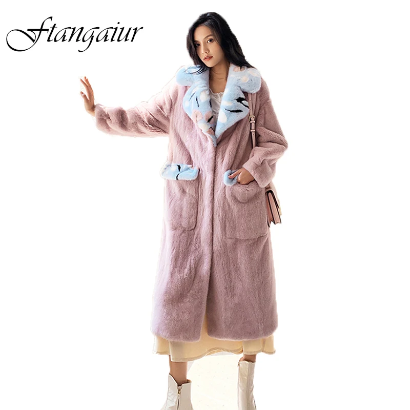 

Ftangaiur New Winter Import Velvet Mink Fur Coat Women Contrast Color Print Pockets X-Long Slim Natural Real Mink Fur Coats