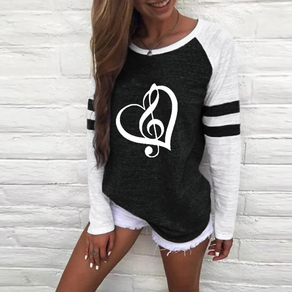 Женская футболка в форме сердца с принтом музыкальных нот|Футболки| |