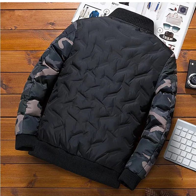 

Men Jacket Winter 2020 New Camouflage Stand Collar Bomber Jacket Zipper Splicing Parkas Warm Thick Cotton Quilted Coat S-5xl