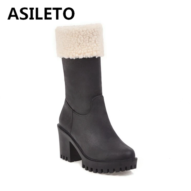 

ASILETO Warm Fur Plush Inside Winter Boots Woman Plus Size 43 Thick Heels Comfortable Mid Calf Snow Boots With Zipper Wholesale