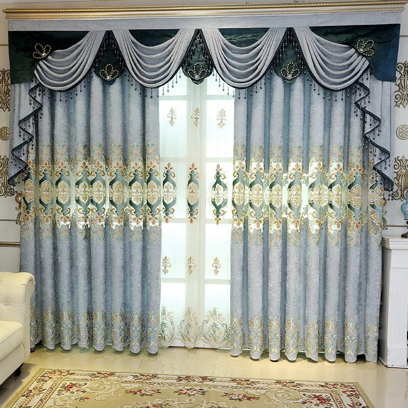 

European Style Curtain Finished Water-soluble Hollow Embroidery Chenille Jacquard High Blackout Curtains for Living Room Bedroom