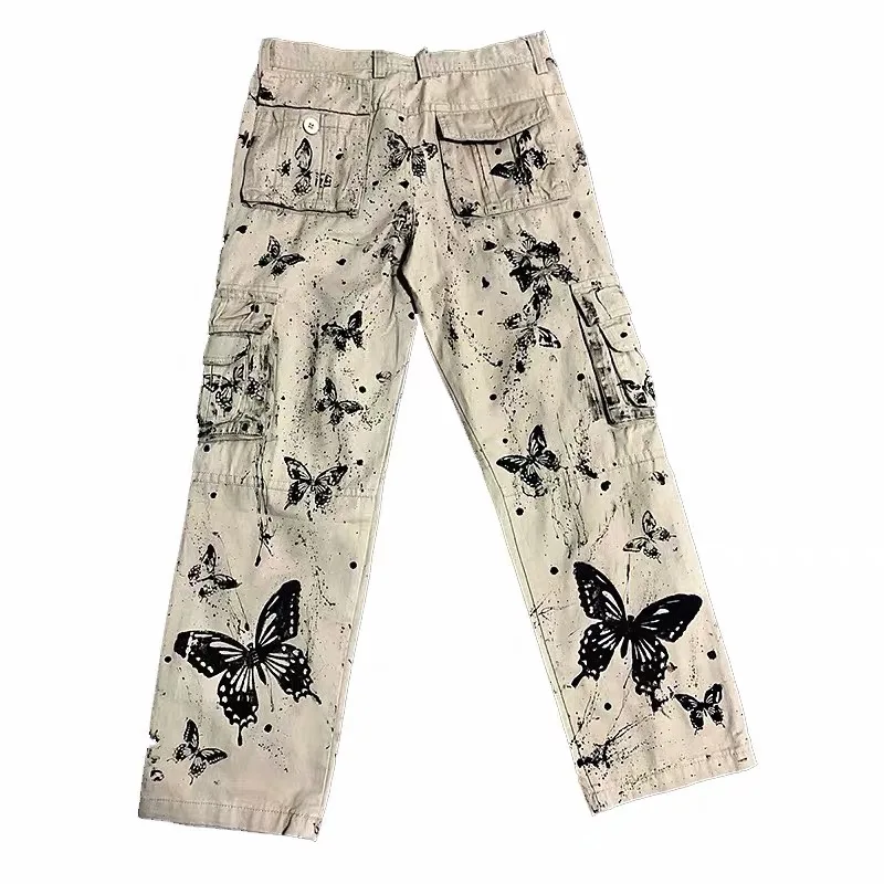 Harajuku Artist Butterfly Print Cargo Pants for Couples Women Tie-Dye Punk Hip Hop Gothic Grey Trousers Pant Capris Men Large