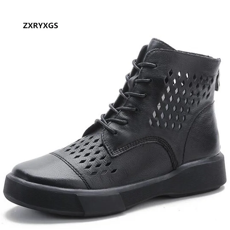 

2021 New Summer Autumn Full Genuine Leather Boots Hole Shoes Hollow Sandals Breathable Wild Women Boots Martin Boots Black White