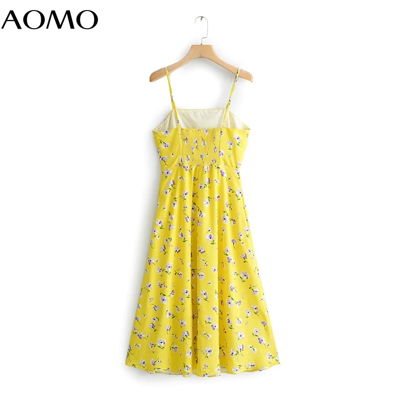 

AOMO women floral print yellow beach dress strap sleeveless backless females midi dresses vestidos 3R04A