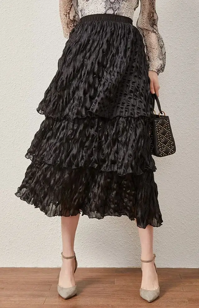 

New Elastic Waist Retro Cake Long Skirt