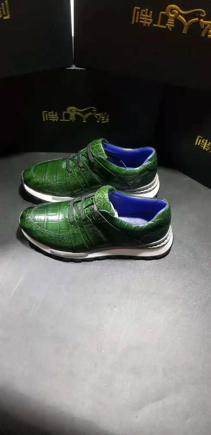 100% Мужская обувь из натуральной крокодиловой кожи матовые зеленые цвета