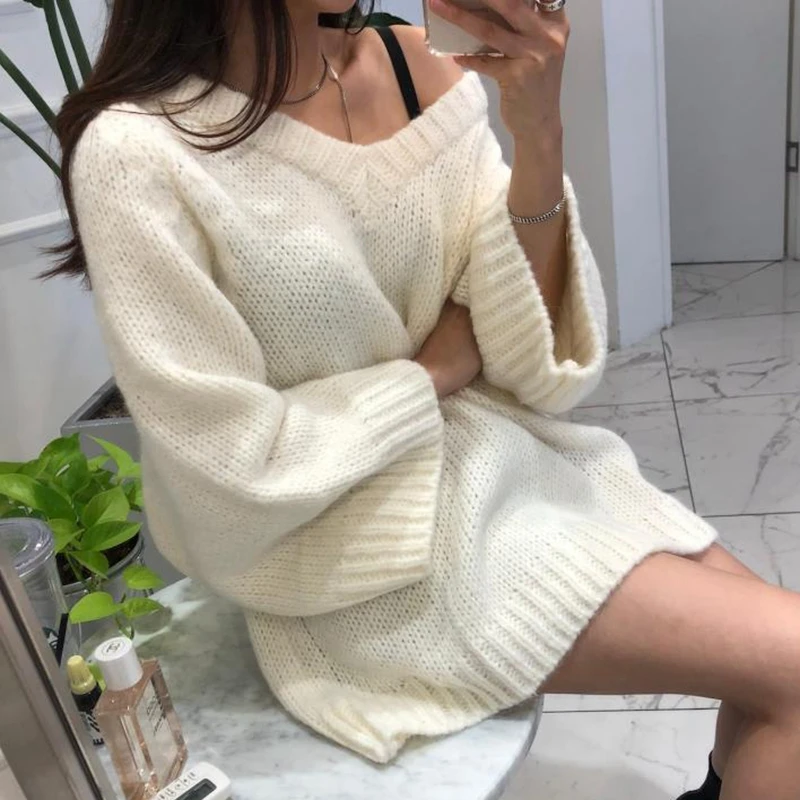 RealShe кашемировый женский свитер с круглым вырезом свободный длинным рукавом