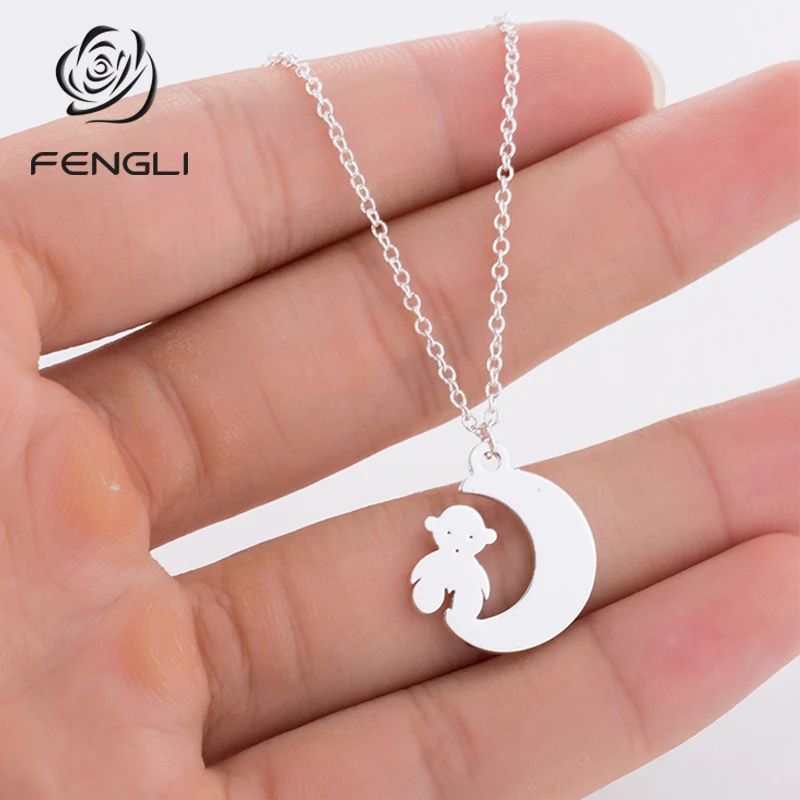 FENGLI уникальный медведь ожерелье из нержавеющей стали мать и ребенок луна