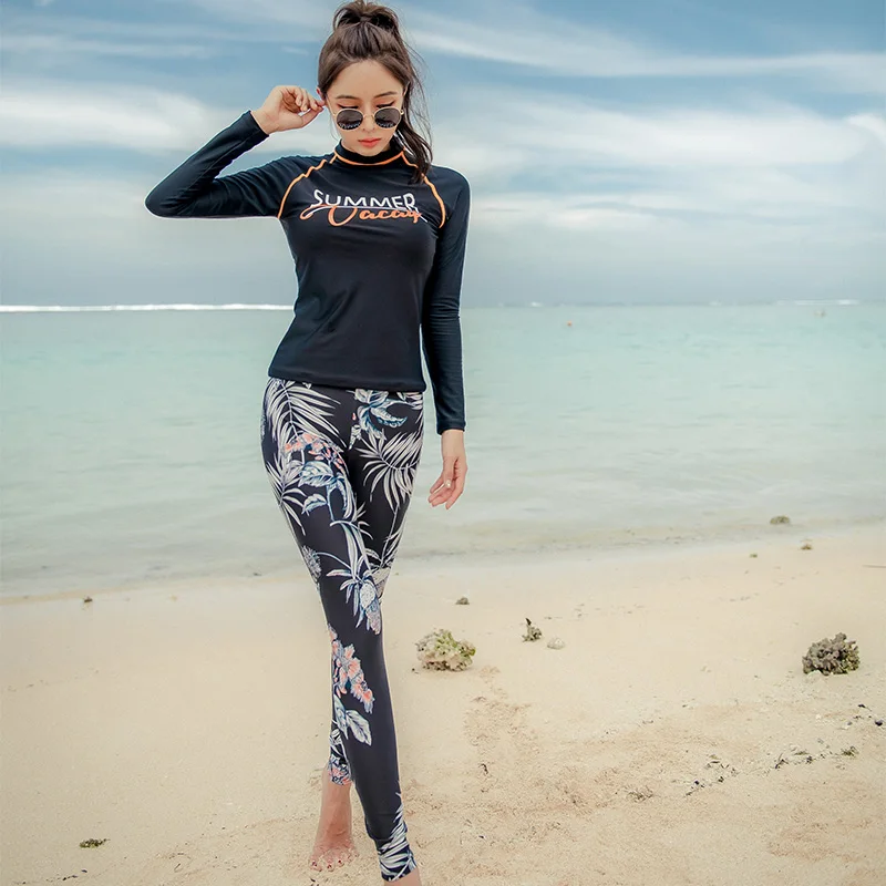 SANQi female swimsuit women's split boxer long-sleeved trousers conservative slimming quick-drying small chest gathered swimwear | Спорт и