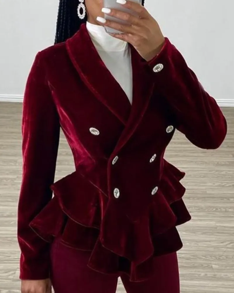 OL двубортный бархатный блейзер с рюшами рабочая одежда для женщин длинным