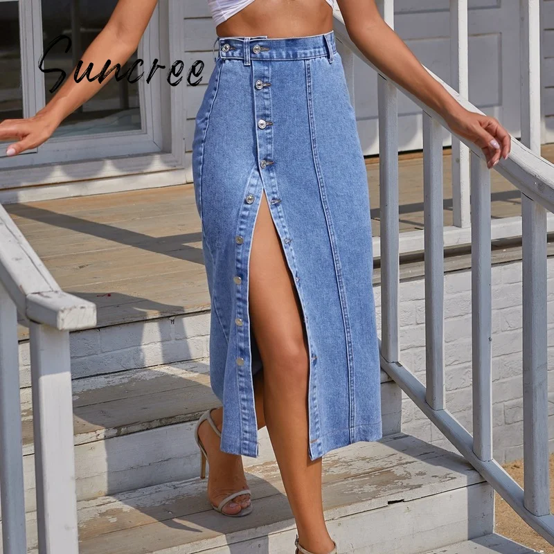 

SUNCREE Korean Fashion Skirt Denim Women's High-waisted Skirt 2021 Summer Woman Clothes Kawaii Harajuku Jean Long Skirt Women