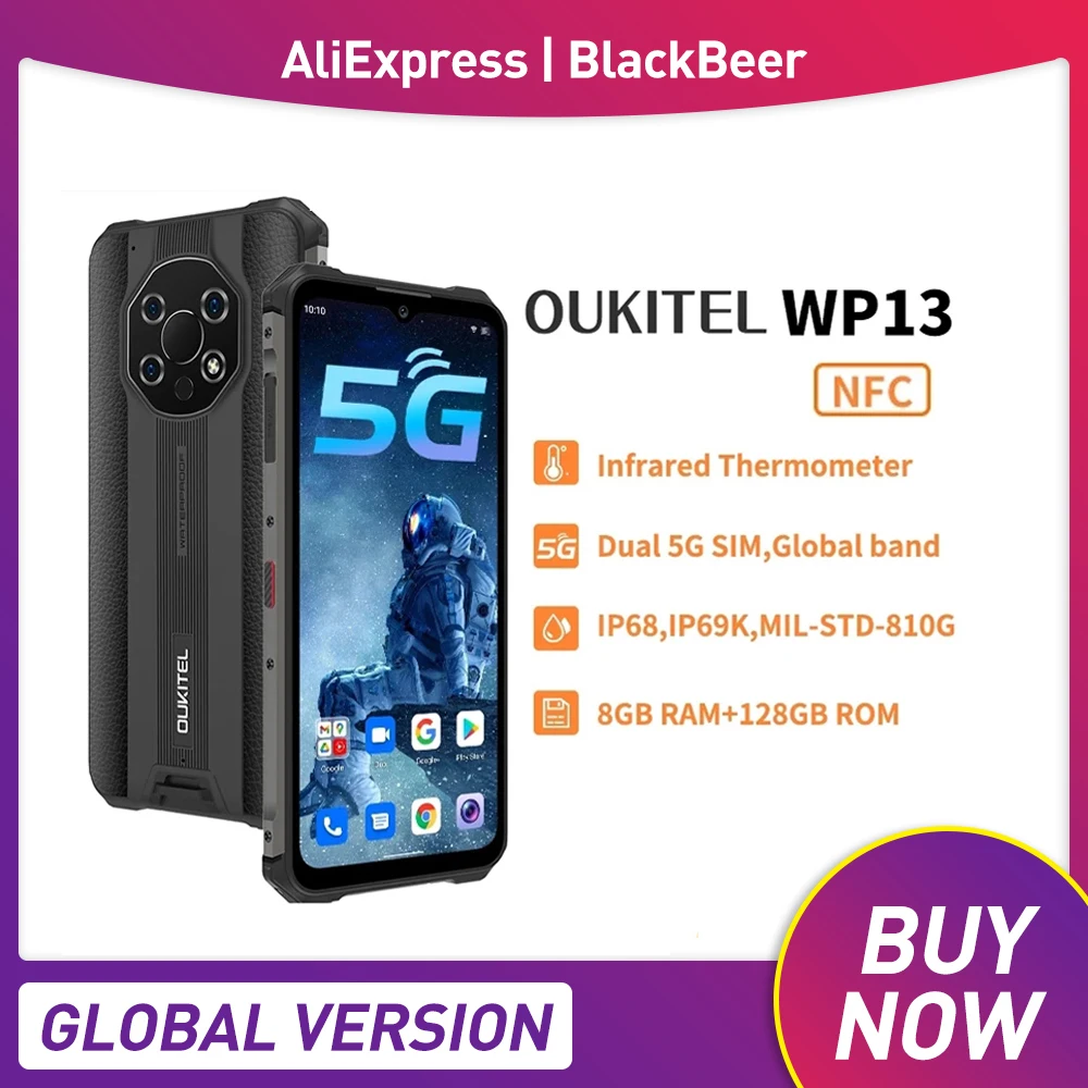 

OUKITEL WP13 двойной 5G мобильный телефон 8 ГБ + 128 ГБ 6,52 дюймов прочный водонепроницаемый смартфон Dimensity700 Android 11 мобильный телефон 5280 мАч NFC