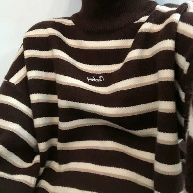 

Winter Women Striped Sweater 2020 New Full Sleeve Turtleneck Knitted Pullovers Female Casual Loose Thick Soft Warm Jumper Tops