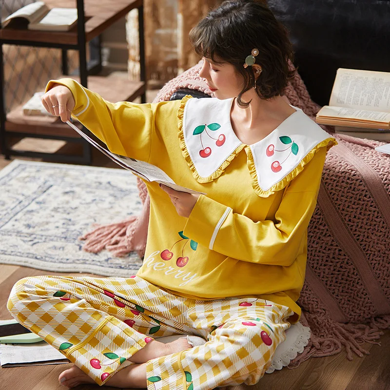 

New Hot Sale Women Pajamas Set 2 /PCS Cotton Autumn Winter Cartoon Long Sleeve Cute Sleepwear Casual Homewear Female Nightwear