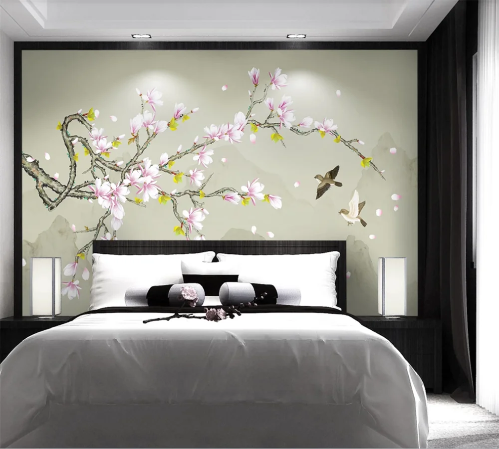 3D-обои на заказ роспись Магнолия Ручная цветы и птицы тщательные новый фон в