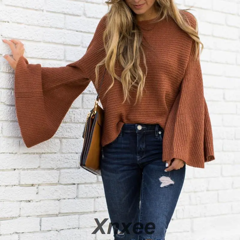 Женский трикотажный свитер с длинным рукавом расклешенным | Женская одежда