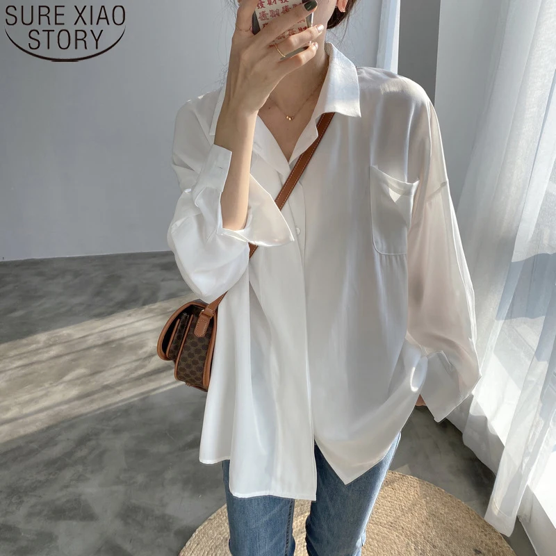 

Women Loose Temperament Chiffon Long Sleeve Shirt 2021 New Spring Solid 4 Colors Blue Shirts Elegant Blouse Female Blusas 12631