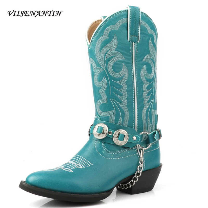 

Pointed Embroidery Thick Heel Metal Buckle Women's Boots Classic Blue Western Cowboy Boots Cowhide Sleeve Chain Riding Boots