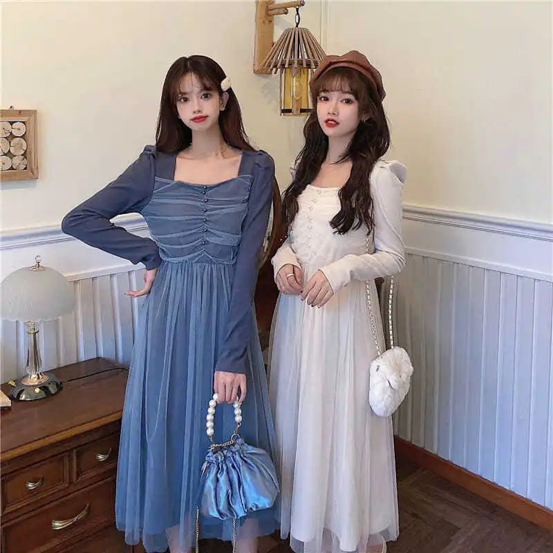 

Autumn Winter Mesh Patchwork Midi Women Casual Square Collar Long Sleeve High Waist Knit Vestidos Female Lace Long Dress Elegant