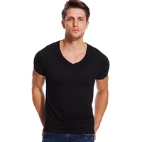 deep v neck t shirt for men low cut stretch vee top tees slim fit short sleeve fashion male tshirt invisible undershirt summer