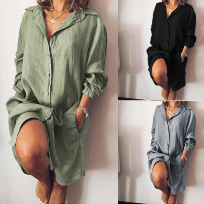 

WEPBEL Shirt Dress Women's Long Sleeve Casual Solid Color Loose Dress Spring Single-Breasted Split Pocket Turn-down Collar Dress