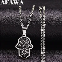 islam hamsa hand black crystal stainless steel charm necklace women silver color small chain necklaces jewelry collier n4873s01