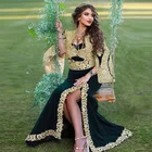 Велюр марокканский кафтан вечернее платье с золотистой отделкой, арабский мусульманское платье-Русалка для выпускного сексуальное с Высоким Разрезом Длинное Дубай платье де Феста
