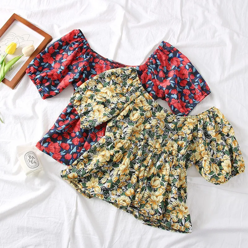 

2020 Summer Women Blouse Fashion Floral Print Square Collar Beach Style Short Sleeve Shirts New Arrival