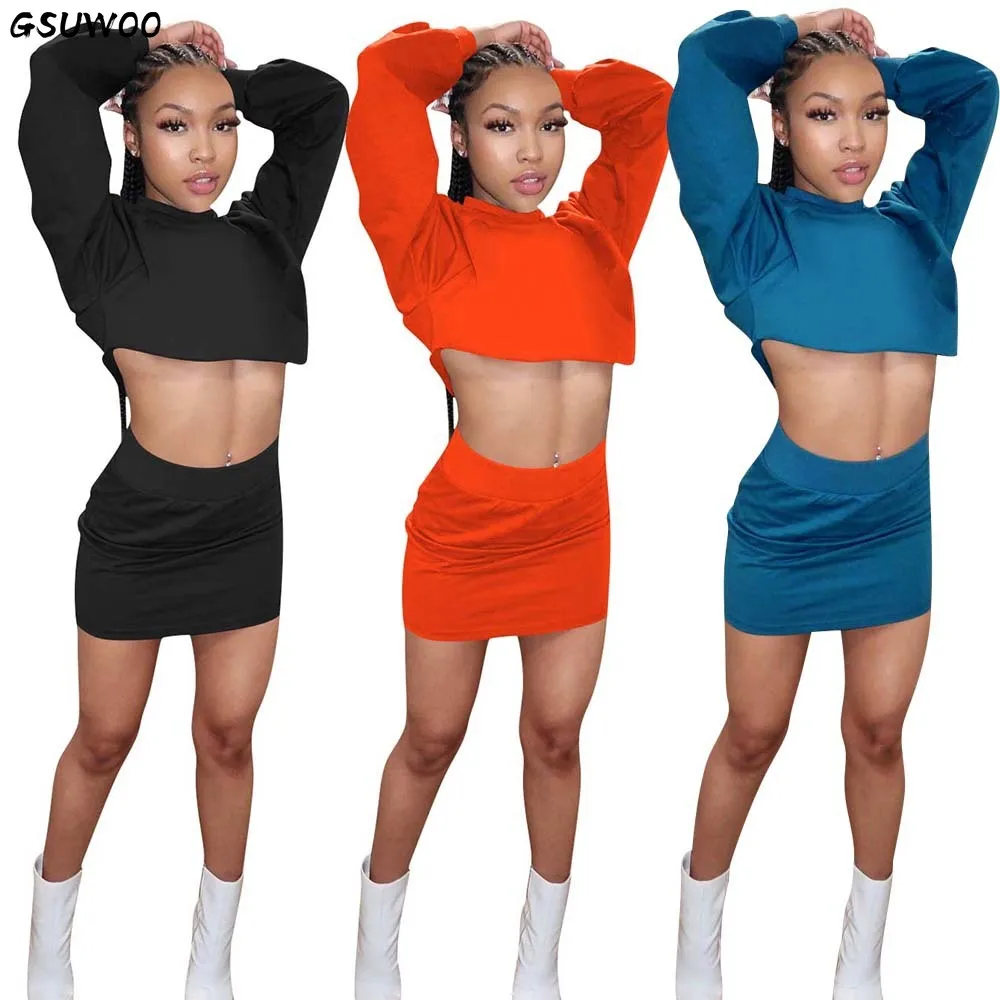 

Женский тренировочный костюм GSUWOO, однотонные комплекты из двух предметов, повседневные укороченные топы с длинным рукавом, свитшот, мини-юб...