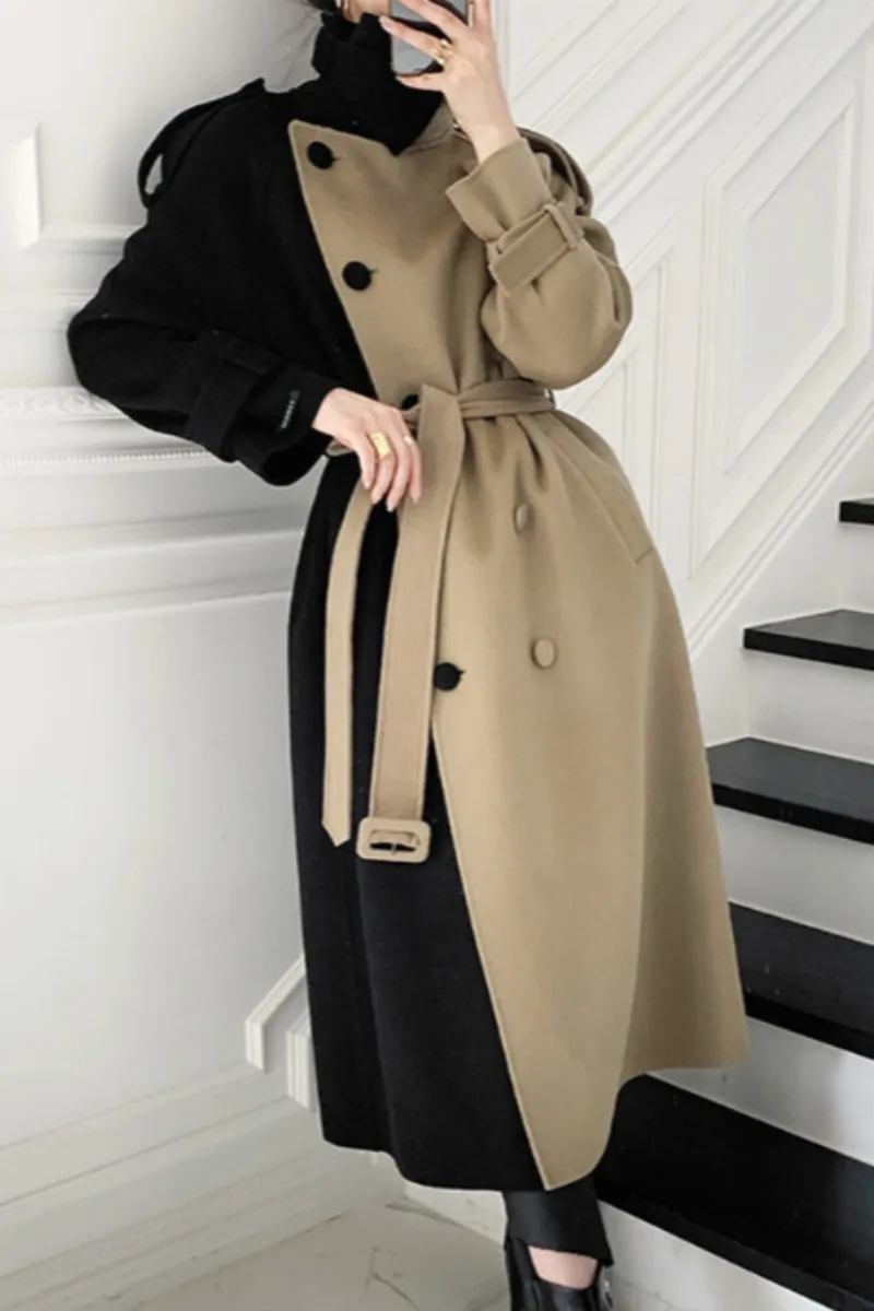 

SuperAen French Retro Style Elegant Color Contrast Patchwork Lace Up Waist Long Woolen Coat Women