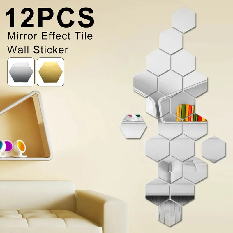 

12Pcs Mirror Effect Tile Wall Sticker Hexagon Acrylic DIY Art Wall Stickers Living Room Bathroom Mirrored Decorative Sticker