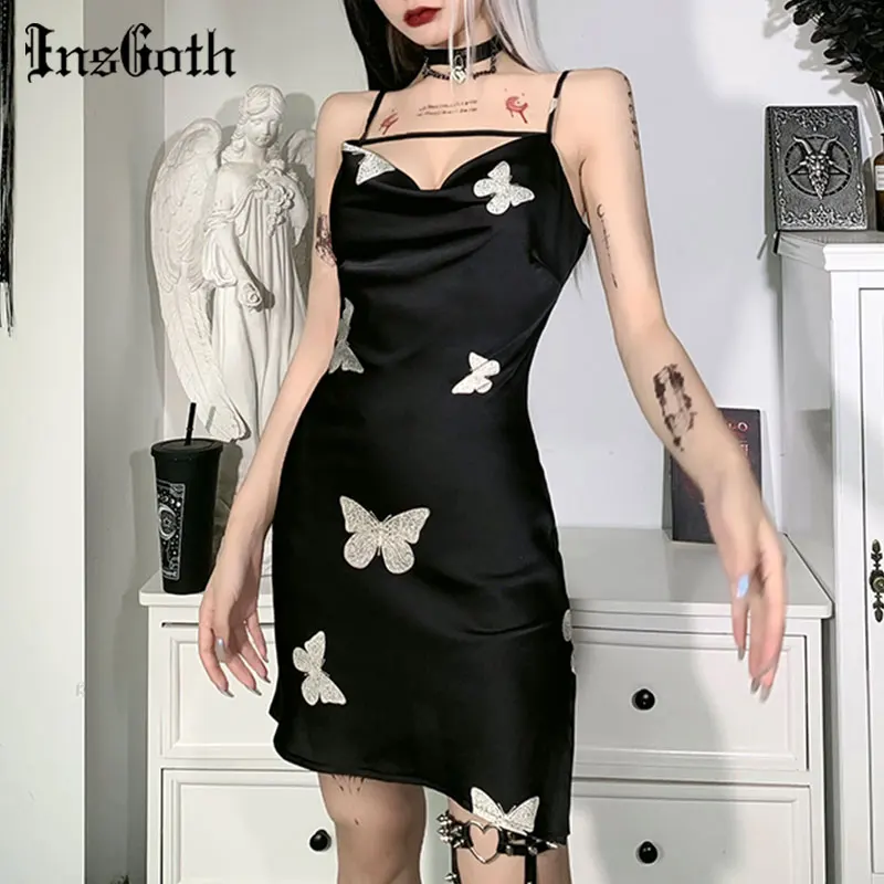 

InsGoth Harajuku Butterfly Print Mini Dress Gothic Aesthetic Sexy V Neck Party Dress Vintage Elegant Summer Backless Dresses