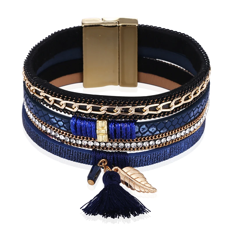 Новые модные Многослойные Кожаные бриллианты и браслеты в стиле бохо магнитные