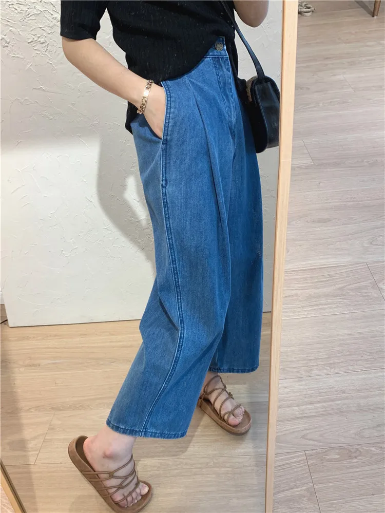 

Jeans Women Solid Vintage Wide Leg Straight Denim Trousers Simple All-match Loose Fashion Harajuku Casual Capris Jeans Pants