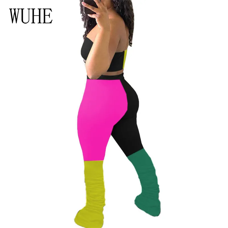 

WUHE Patchwork Color Contrast Two Piece Suits Breast Wrap Off Shoulder Sleeveless Top and Skinny Pencil Pants Casual Streetwear