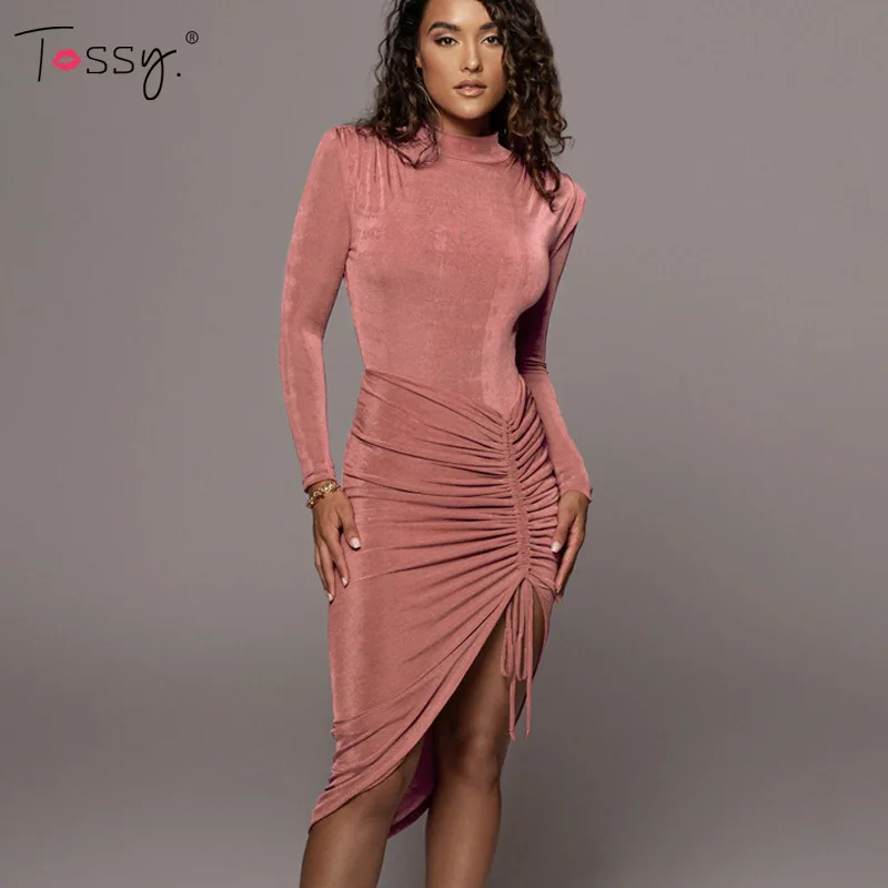 

Tossy Drawstring Irregular Mid party Dress Women Elegant Long Sleeve Slim Bodycon Dresses Vintage Chic Autumn Club Vestidos 2021