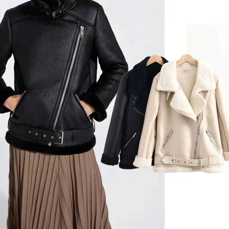

Женская зимняя меховая куртка с длинным рукавом, Свободный ремень из искусственной кожи, овечья шерсть, зимняя мягкая мотоциклетная куртка-...