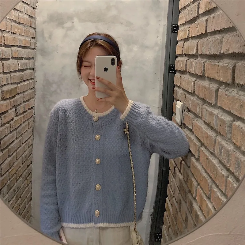 

New Korean Loose O-neck Sweet Style Causal Cardigan Single-breasted Long Sleeve Knitted Sweater for Women Clothing Tops Hipster